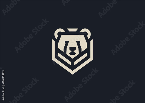 A modern geometric bear logo made with clean angular lines and strong symmetrical shapes, symbolizing power, stability, and confidence, designed as a bold creative vector concept