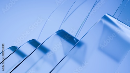 Abstract wavy curved 3d render. Blue soft layers of glass plastic with lines, folds, ruffles. Modern wallpaper, texture pattern.