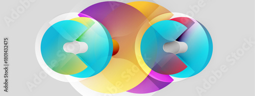 Abstract circles overlap, creating vibrant color gradients. Design features smooth transitions, modern aesthetic. Shapes suggest depth, movement.
