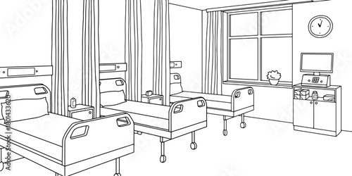 Hospital ward graphic black white interior sketch illustration vector 