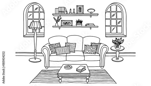 Living room graphic black white interior sketch illustration