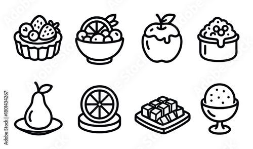 Monochrome icons of fruits and desserts with pear apple and berry illustrations