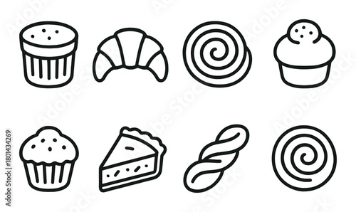 Set of eight bakery icons featuring cupcakes, croissant, pie, and swirl pastries