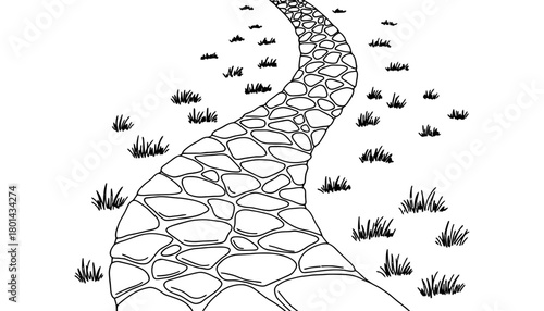 Stone path graphic black white landscape sketch illustration