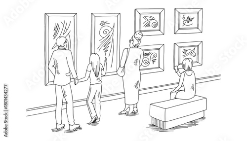 Art gallery visit family looking artwork sketch illustration