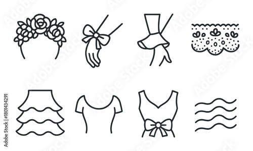 Vector line art icons of fashion accessories and clothing items