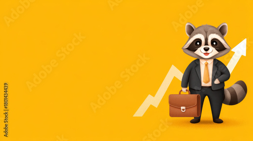 Naklejka Raccoon business suit briefcase yellow background upward arrow confident cartoon animal professional growth success cheerful standing office finance career illustration character motivation