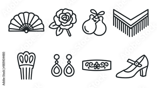 Flamenco icons: fan, rose, castanets, shawl, comb, earrings, bracelet, shoe