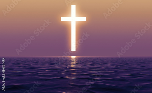 Shining cross over the tranquil ocean at dusk.
