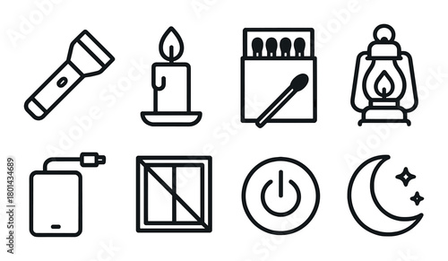 Essential icons: flashlight, candle, matches, lantern, power bank, window, power button, moon