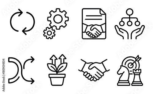 Business icons on dark background representing growth, partnership, strategy, and management