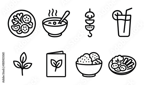 Variety of delicious vegan dishes with rice bowl, soup, skewers, and refreshing juice