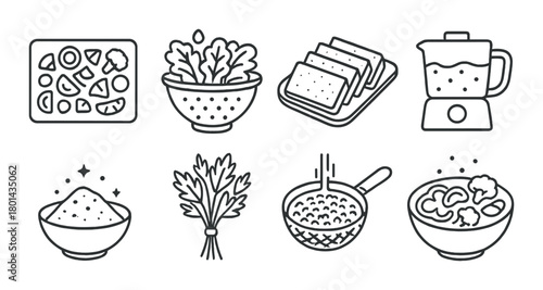 Monochrome kitchen icons: ingredients and appliances for cooking and baking