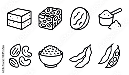 Illustration of plant-based protein sources: tofu, tempeh, beans, and peas