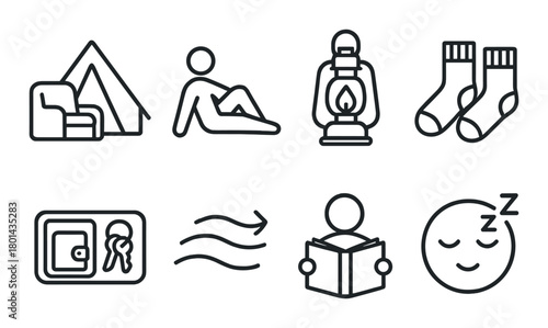 Camping essentials: tent, relaxation, lantern, socks, id, breeze, reading, sleep