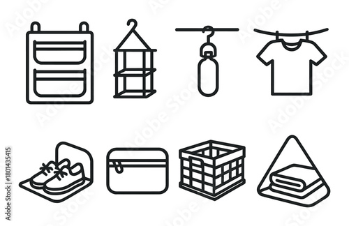 Various household storage solutions icons: baskets, hangers, clothing organizers