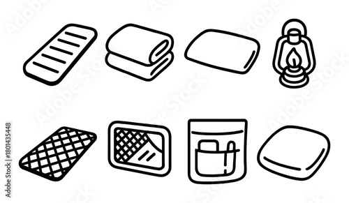 Camping gear icons: sleeping bag, lantern, pillow, blanket, mat, and pack