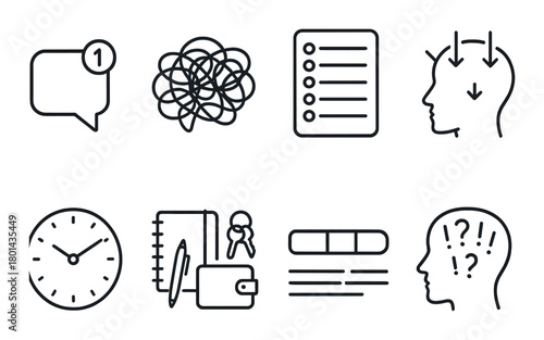 Gray icons of time management, ideas, and thought processes on textured background