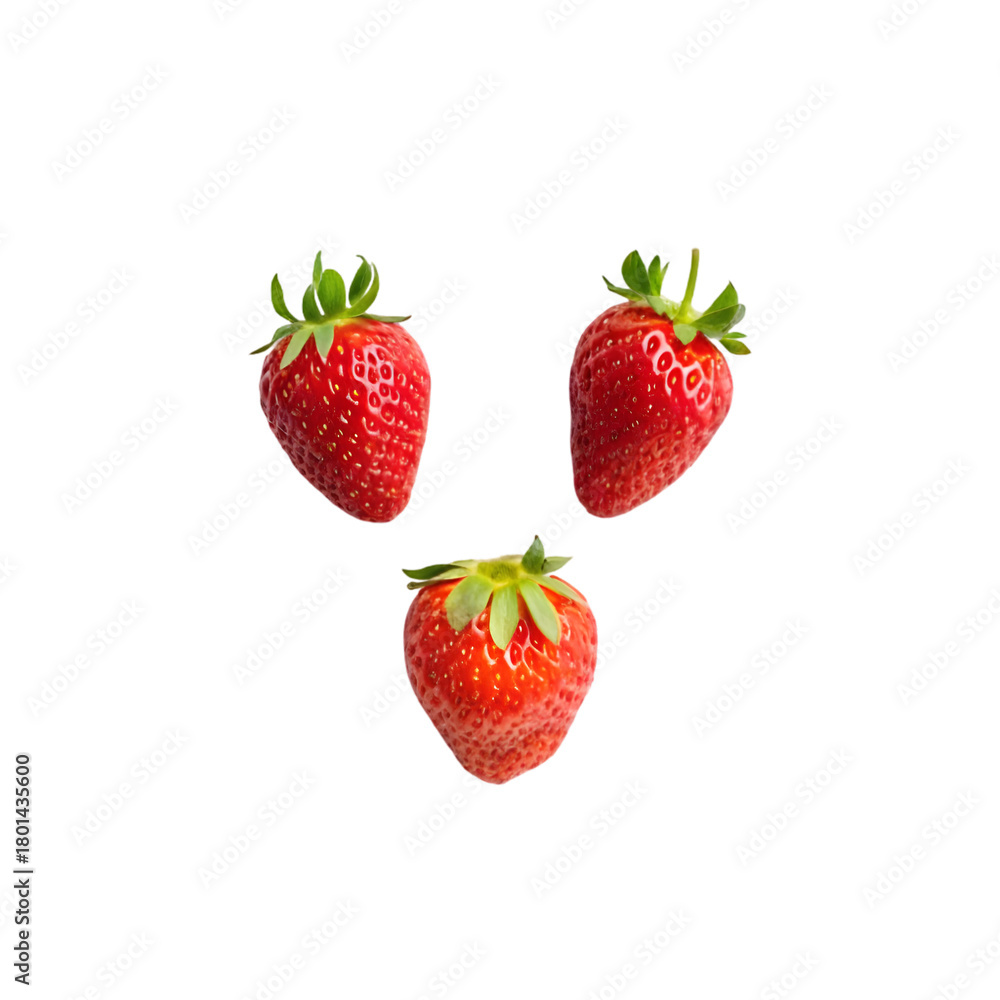 Obraz premium Set of Three Fresh Strawberries Arranged Neatly. Isolated on transparent background, PNG. 