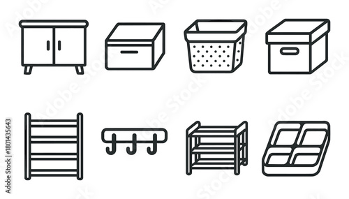 Set of eight household storage icons: boxes, baskets, racks, shelves, and hooks in black and white