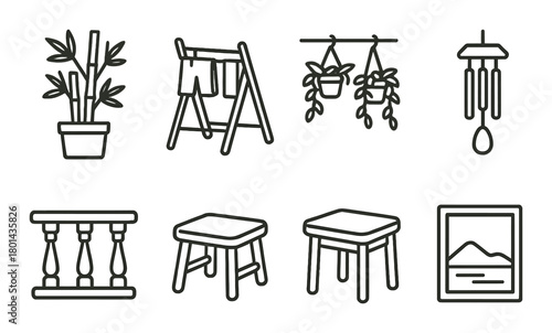 Decorative icons: potted plant, clothes rack, hanging plants, wind chime, balcony, stools, picture frame