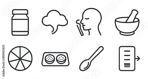 Set of icons depicting herbs, cooking, medicine, and wellness concepts
