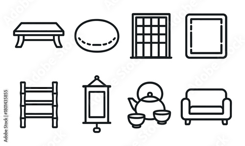Minimalist home décor icons set: furniture and accessories illustrated on dark background
