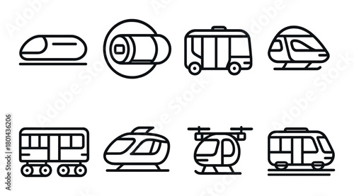 Minimalist black and white icons of modern transportation vehicles