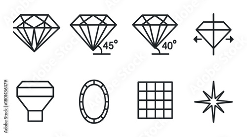 Various diamond cut icons on dark background featuring angles and shapes