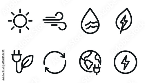 Minimalist eco-friendly icons: solar, wind, water, leaf, plug, recycle, globe, energy