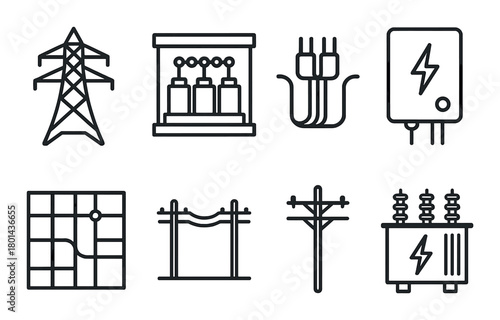 Electric power infrastructure icons: substation, transmission, solar, transformer illustrations