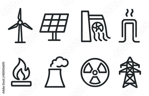 Energy icons: wind, solar, oil, hydro, biomass, nuclear, geothermal, electricity