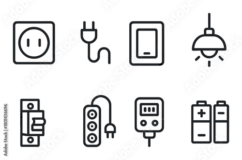 Minimalist black outlined electronic device icons on dark background