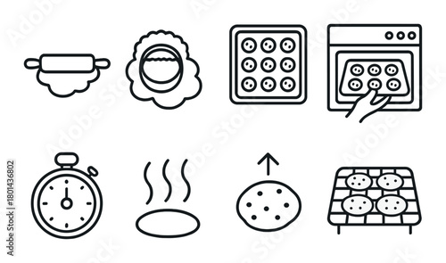 Baking process icons: dough, oven, timer, cookies in black and white