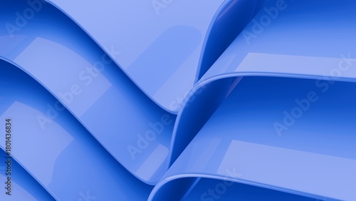 Abstract wavy curved 3d render. Blue soft layers of plastic with lines, folds, ruffles. Modern wallpaper, texture pattern.