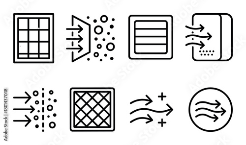 Air filter icons: purification and ventilation symbols on dark background