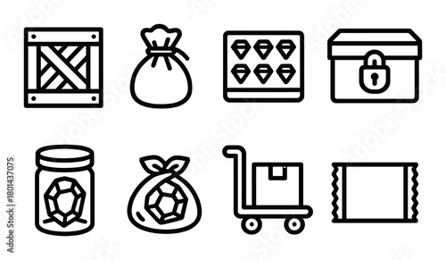 Collection of dark gray finance and security icons featuring crates, gems, and boxes