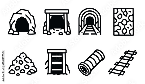 Mining icons set: tunnel, tracks, entrance, equipment, rocks