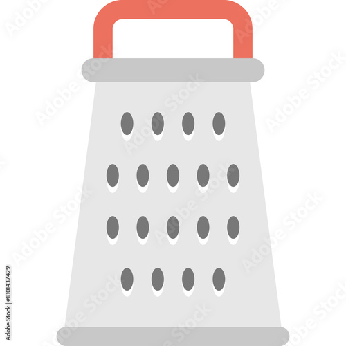 Flat design illustration of a silver metal grater with a red handle and gray base on a transparent background suitable for kitchen use