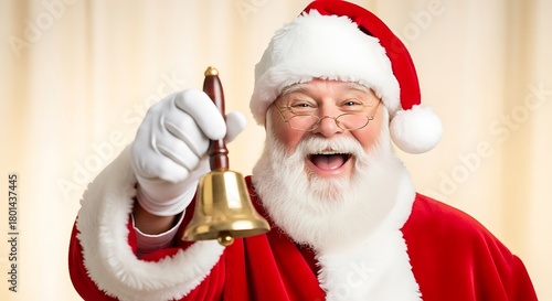 Jolly Santa Claus with a white beard and red suit, laughing while ringing a golden handbell.