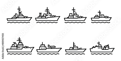 Monochrome outline of navy battleships in various positions on gray background