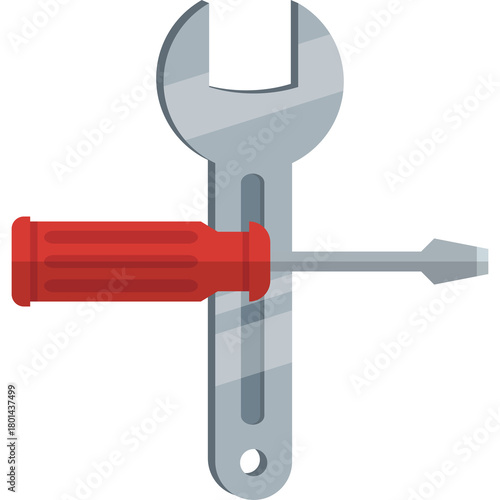 Flat Design Illustration of a Silver Wrench Crossed with a Red Screwdriver on a Transparent Background Representing Repair and Maintenance Tools