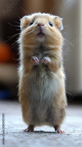 Incredibly adorable light brown furry hamster stands alert and curious on its hind legs with tiny paws held close, looking intently upward against soft, blurred indoor background.