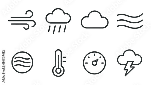 Weather icons: wind, rain, clouds, temperature, and storm symbols on dark background