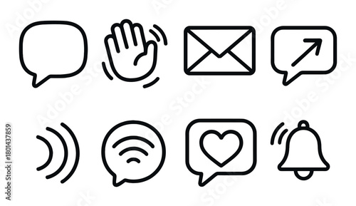 Set of eight black communication and notification icons on dark background