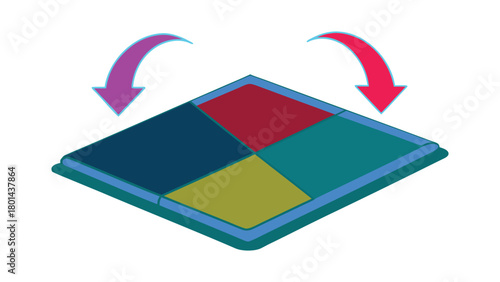 Flat vector featuring asymmetrical orbiting panels arranged in floating zero gravity layout