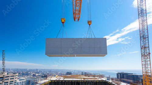 Large industrial crane lifting precast concrete panel at construction site under clear blue sky