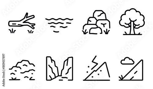 Minimalist nature icons: tree, rocks, water, mountains, landscapes