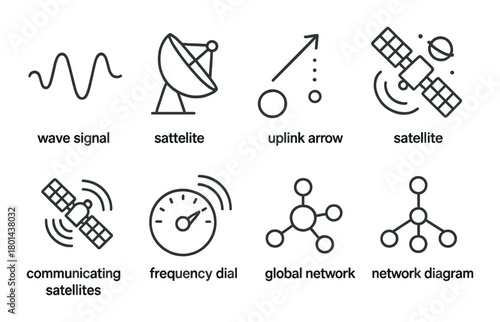 Communication technology icons featuring satellite, signal, and network diagrams