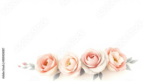 Soft watercolor roses in pastel peach and pink tones placed at the bottom of a light background, perfect for elegant invitations or decorative designs.